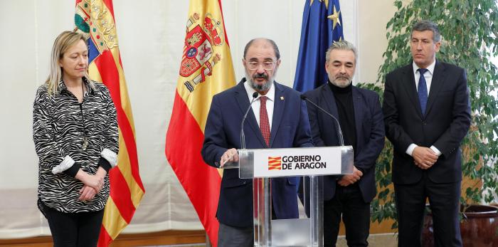 El Presidente de Aragón, Javier Lambán, recibe a los responsables de FINSA y ADEO que emprenden un proyecto común en Platea, Teruel. LUIS CORREAS, Gobierno de Aragón